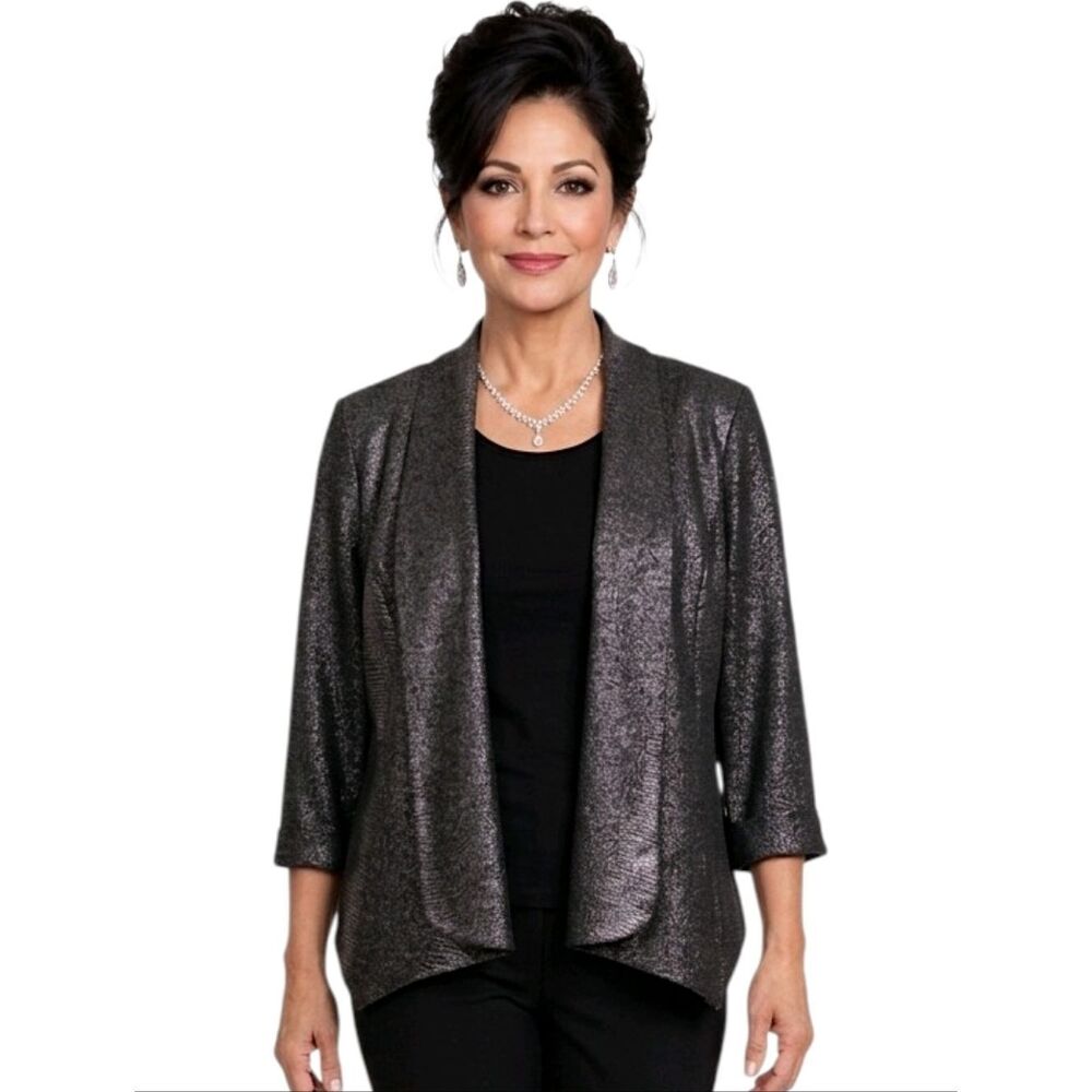 Alberto Makati Black Metallic Snakeskin Print Open 3/4 Sleeve Blazer Size L